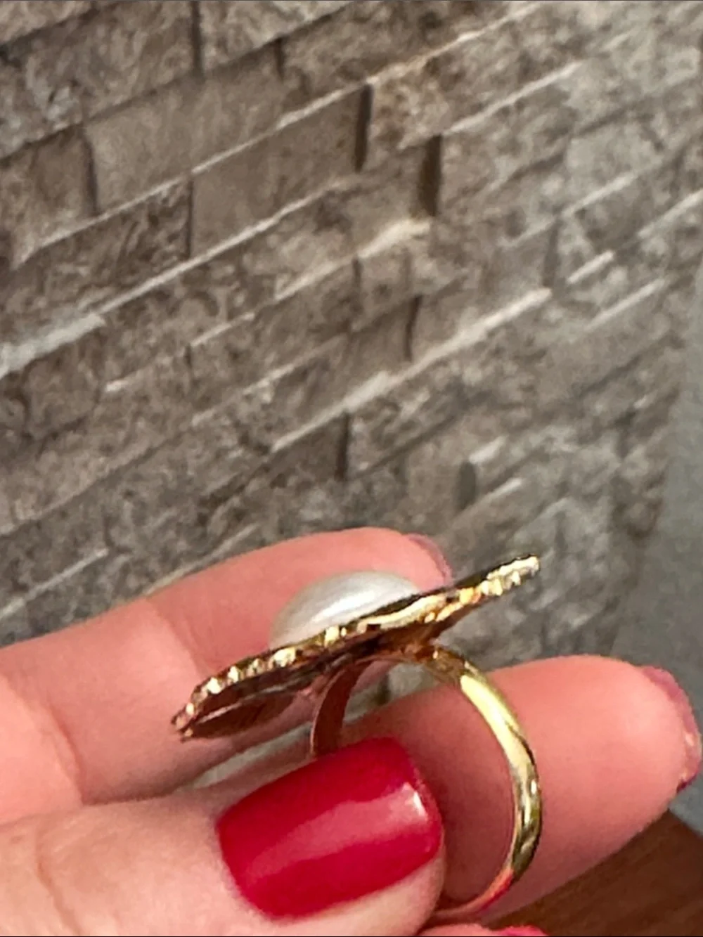 Gold Flower Pearl Center Statement Open Ring
